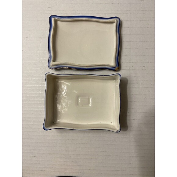 VTG Hand Painted Trinket Box & Tray By M&R . Navy & Gold. Victorian Design - Picture 6 of 7